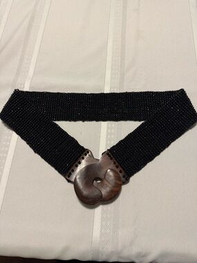 Black Beaded Waist Belt with Wooden Buckle